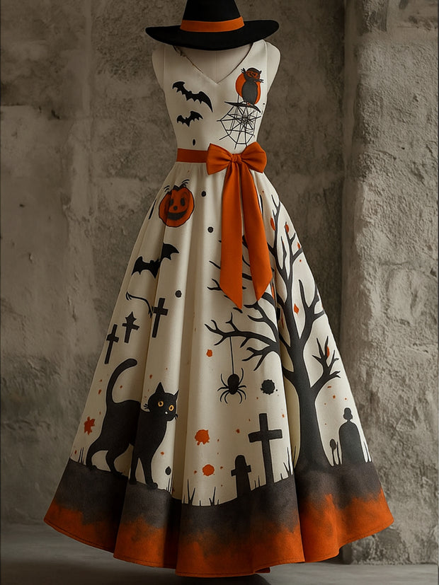 Retro Gothic Floral Art Print V-Neck Sleeveless Cotton Maxi Dress