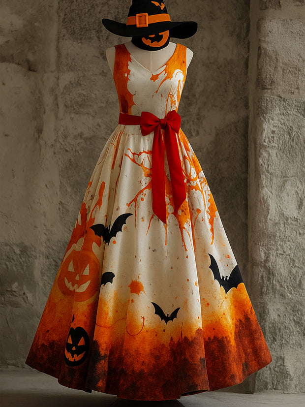 Retro Gothic Floral Art Print V-Neck Sleeveless Cotton Maxi Dress