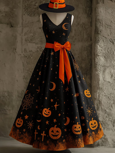 Retro Gothic Floral Art Print V-Neck Sleeveless Cotton Maxi Dress