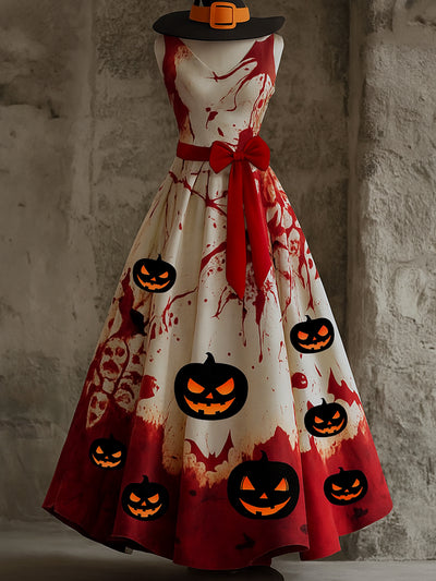 Retro Gothic Floral Art Print V-Neck Sleeveless Cotton Maxi Dress