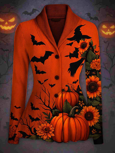 Gothic Halloween Floral Art Printed Vintage Lapel V-Neck Long-Sleeved Button-up Cardigan Top