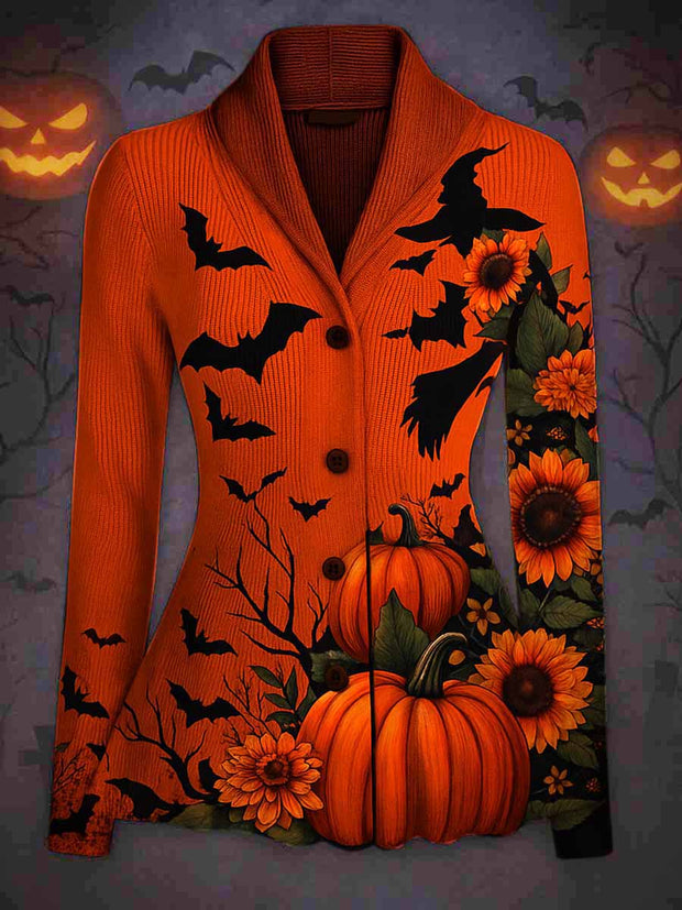 Gothic Halloween Floral Art Printed Vintage Lapel V-Neck Long-Sleeved Button-up Cardigan Top