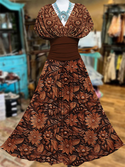 Retro Suede Fringes Floral Carved Art Printed Elegant V-Neck Vintage Batwing Short Sleeve Maxi Dress