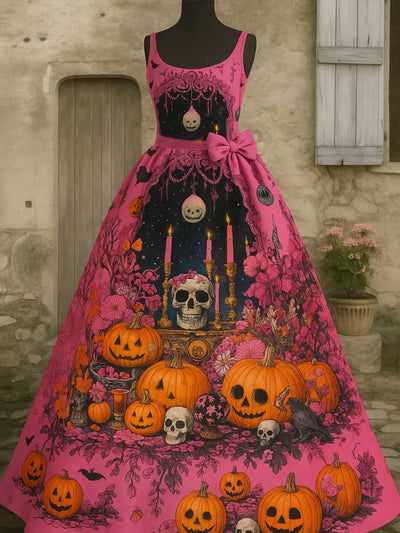 Retro Gothic Floral Art Print V-Neck Sleeveless Cotton Maxi Dress