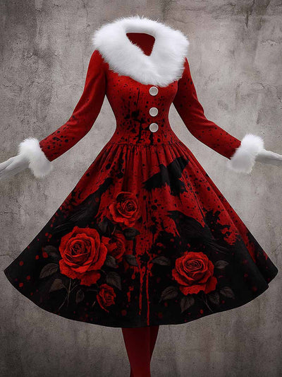 Gothic Floral Art Printed Vintage Elegant Furry Fur Collar Long Sleeve Midi Dress