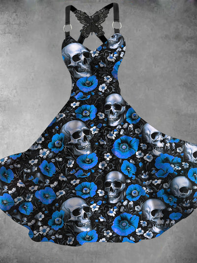 Retro Halloween Gothic Floral Art Printed Vintage V-Neck Pleated Butterfly Cross-Wrap Midi Dress