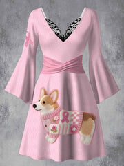 Cute Dog Art Printed Vintage Lace Butterfly Pleated Waist Long Sleeves Midi Dress