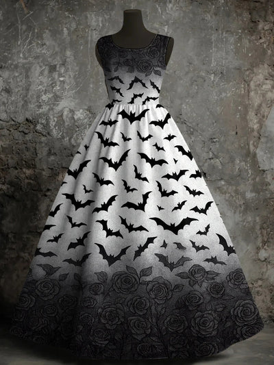 Gothic Bats Art Print Round Neck Vintage Sleeveless Midi Dress