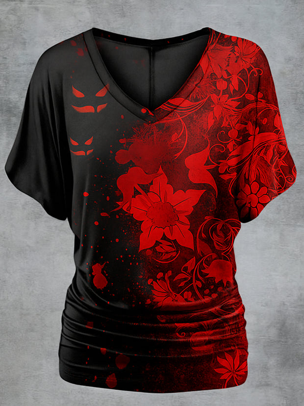 Retro Happy Halloween Floral Printed Vintage Lapel V-Neck Vintage Relaxed Loose Batwing Sleeve Top