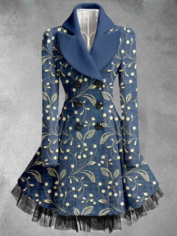 Floral Art Print Vintage Elegant Lapel V-Neck Button Up Long Sleeve Coat Dress