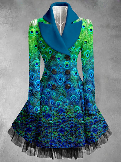 Peacock Art Print Vintage Elegant Lapel V-Neck Button Up Long Sleeve Coat Dress