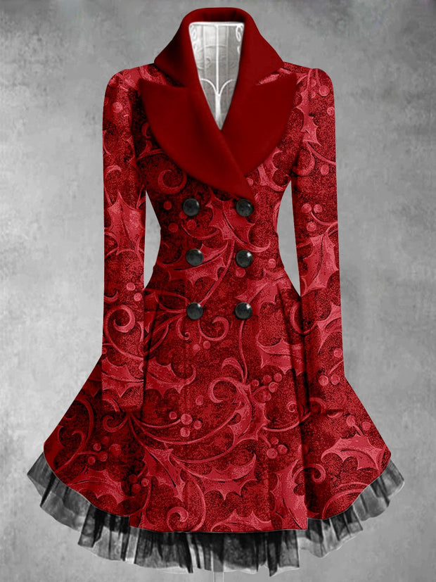 Floral Art Print Vintage Elegant Lapel V-Neck Button Up Long Sleeve Coat Dress