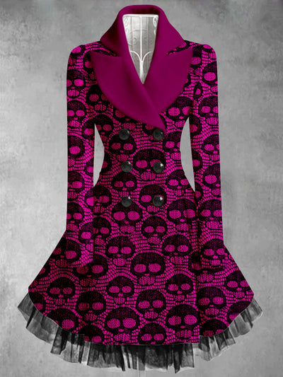 Skull Art Print Vintage Elegant Lapel V-Neck Button Up Long Sleeve Coat Dress
