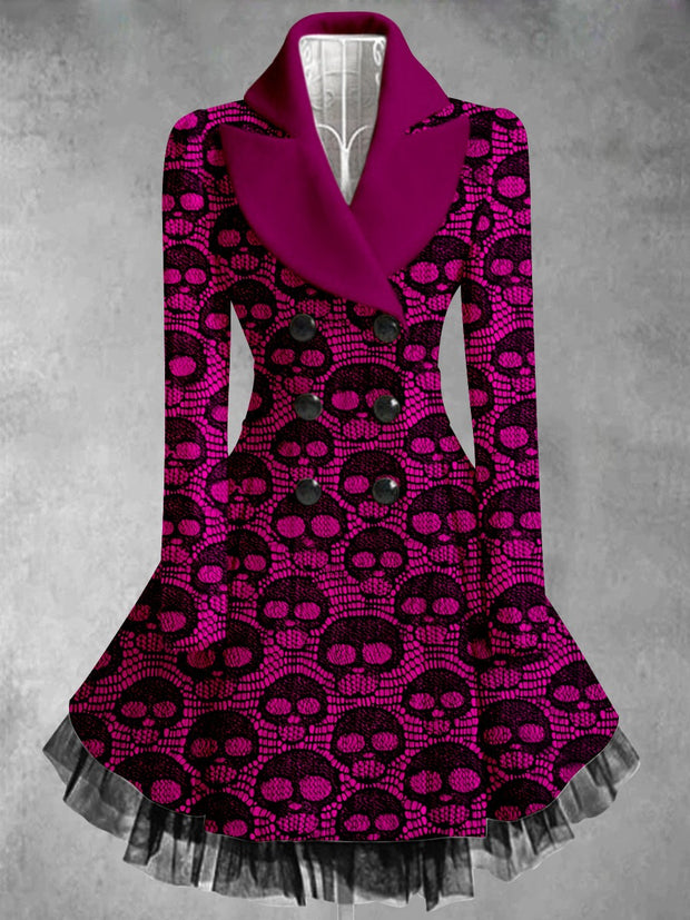 Skull Art Print Vintage Elegant Lapel V-Neck Button Up Long Sleeve Coat Dress