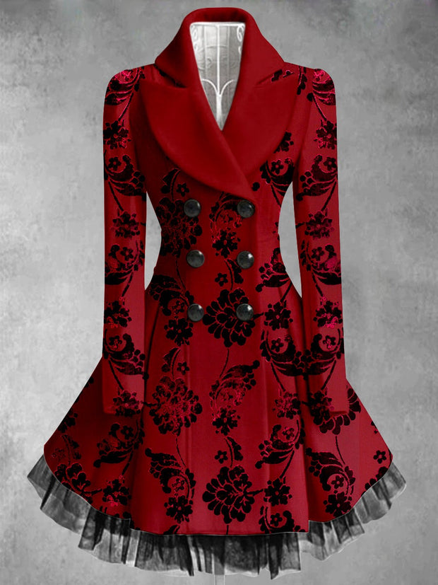 Floral Art Print Vintage Elegant Lapel V-Neck Button Up Long Sleeve Coat Dress