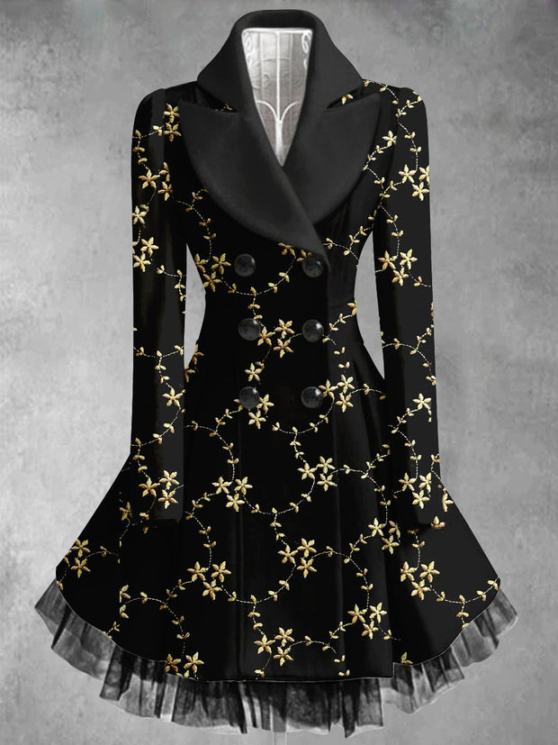Floral Art Print Vintage Elegant Lapel V-Neck Button Up Long Sleeve Coat Dress