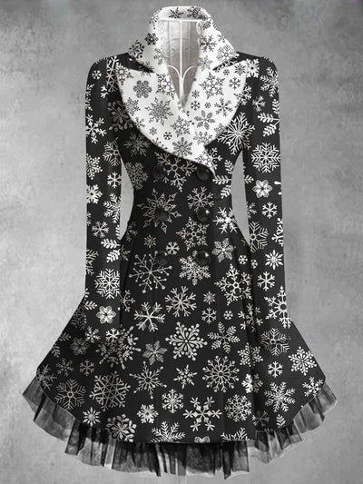 Snowflake Art Print Vintage Elegant Lapel V-Neck Button Up Long Sleeve Coat Dress