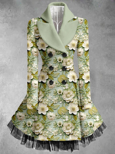 Floral Art Print Vintage Elegant Lapel V-Neck Button Up Long Sleeve Coat Dress