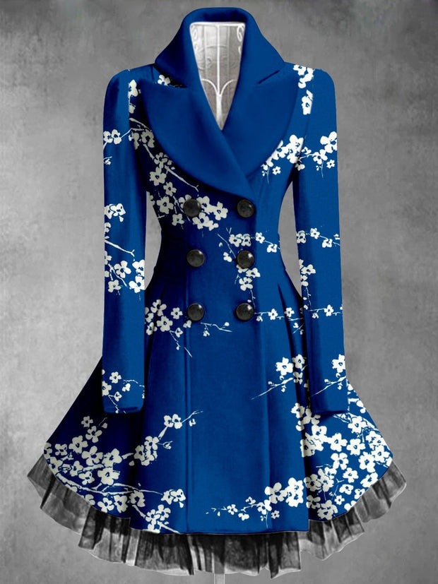 Floral Art Print Vintage Elegant Lapel V-Neck Button Up Long Sleeve Coat Dress