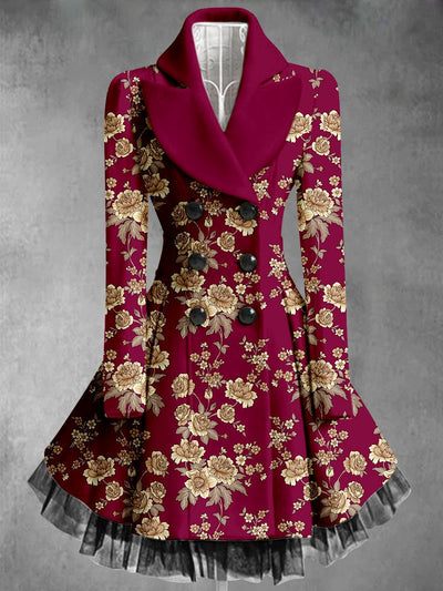 Floral Art Print Vintage Elegant Lapel V-Neck Button Up Long Sleeve Coat Dress