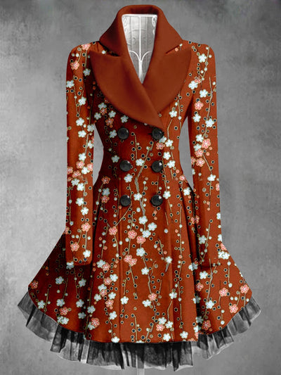 Floral Art Print Vintage Elegant Lapel V-Neck Button Up Long Sleeve Coat Dress